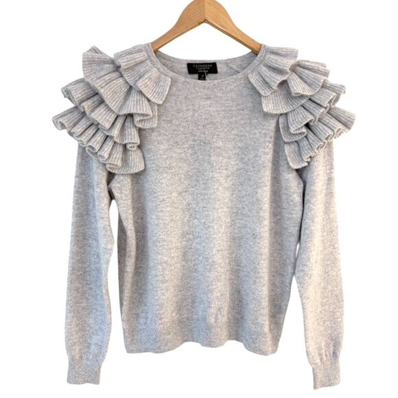Charter Club Luxe 100% Cashmere Ruffled Crewneck Sweater Womens Size M Gray NWT - Picture 1 of 8